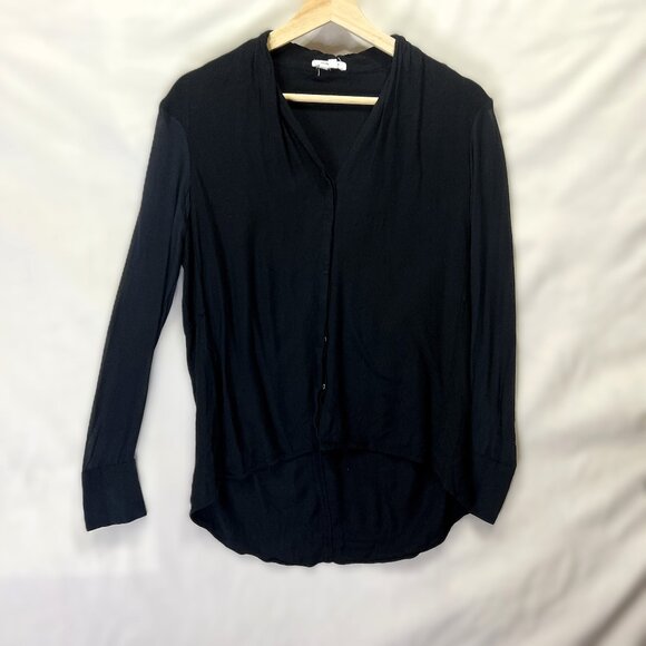 Helmut Lang XS Black Sheer  Long Sleeve V Neck Asymmetrical Hem Whymsical Top - Picture 2 of 10